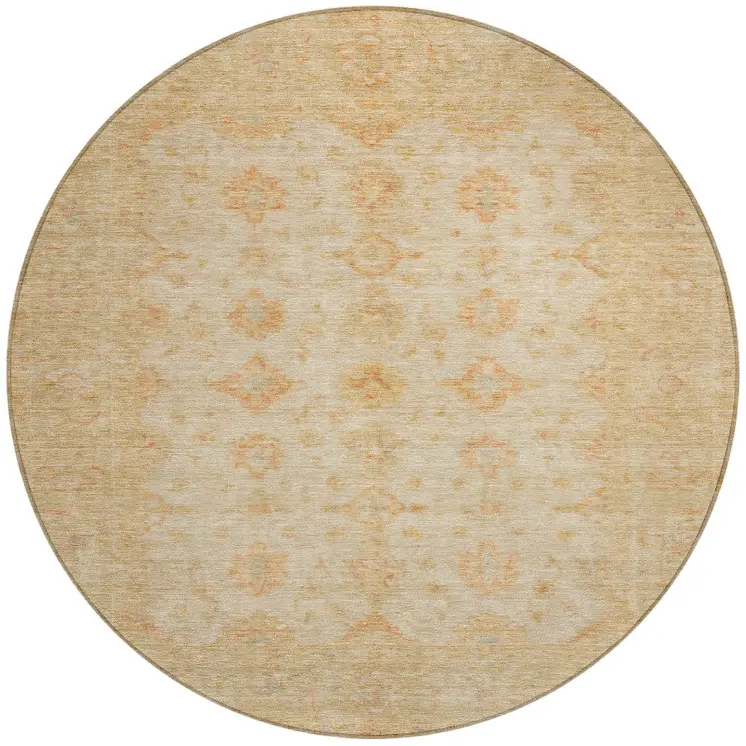 8' Beige And Rust Round Floral Medallion Washable Indoor Outdoor Area Rug