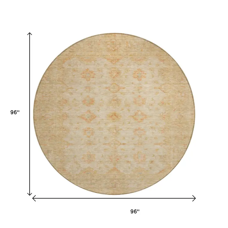 8' Beige And Rust Round Floral Medallion Washable Indoor Outdoor Area Rug