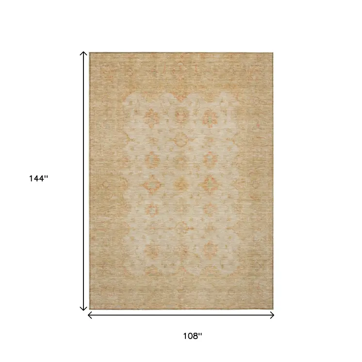9' X 12' Beige And Rust Floral Medallion Washable Indoor Outdoor Area Rug