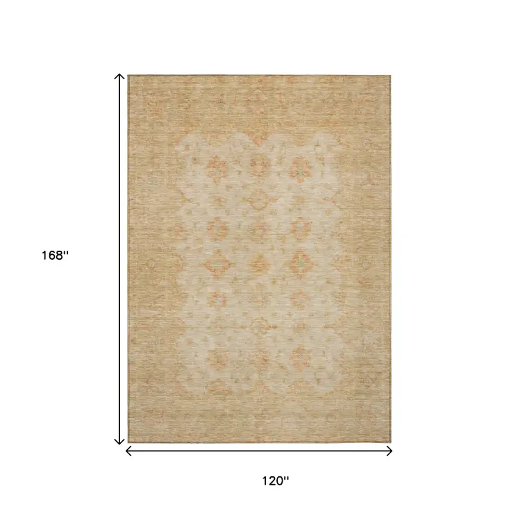 10' X 14' Beige And Rust Floral Medallion Washable Indoor Outdoor Area Rug