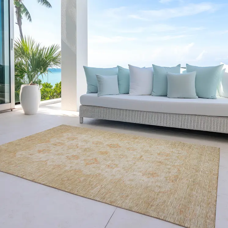 10' X 14' Beige And Rust Floral Medallion Washable Indoor Outdoor Area Rug