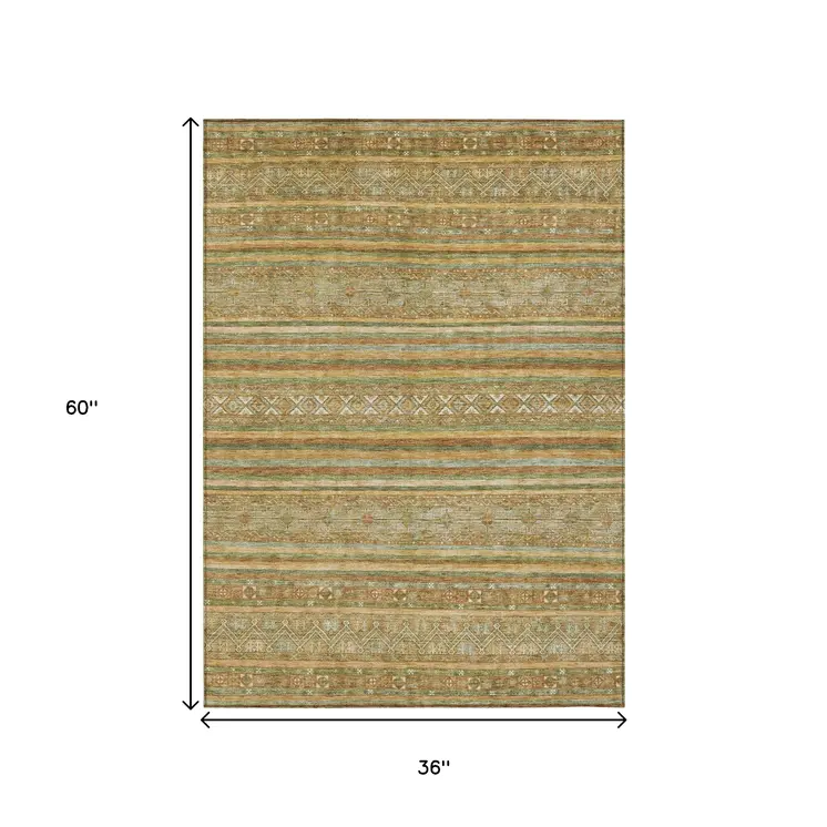 3' X 5' Artichoke Green Gold And Beige Southwestern Washable Indoor Outdoor Area Rug