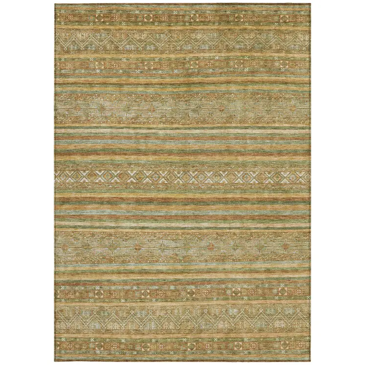 5' X 8' Artichoke Green Gold And Beige Southwestern Washable Indoor Outdoor Area Rug