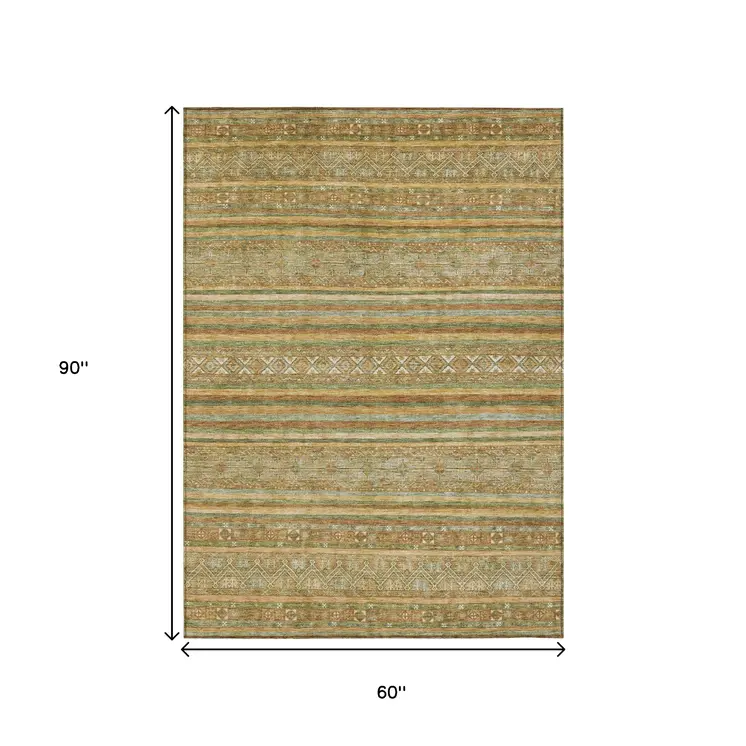 5' X 8' Artichoke Green Gold And Beige Southwestern Washable Indoor Outdoor Area Rug
