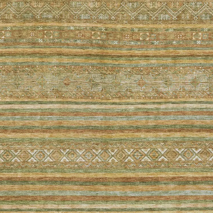 5' X 8' Artichoke Green Gold And Beige Southwestern Washable Indoor Outdoor Area Rug