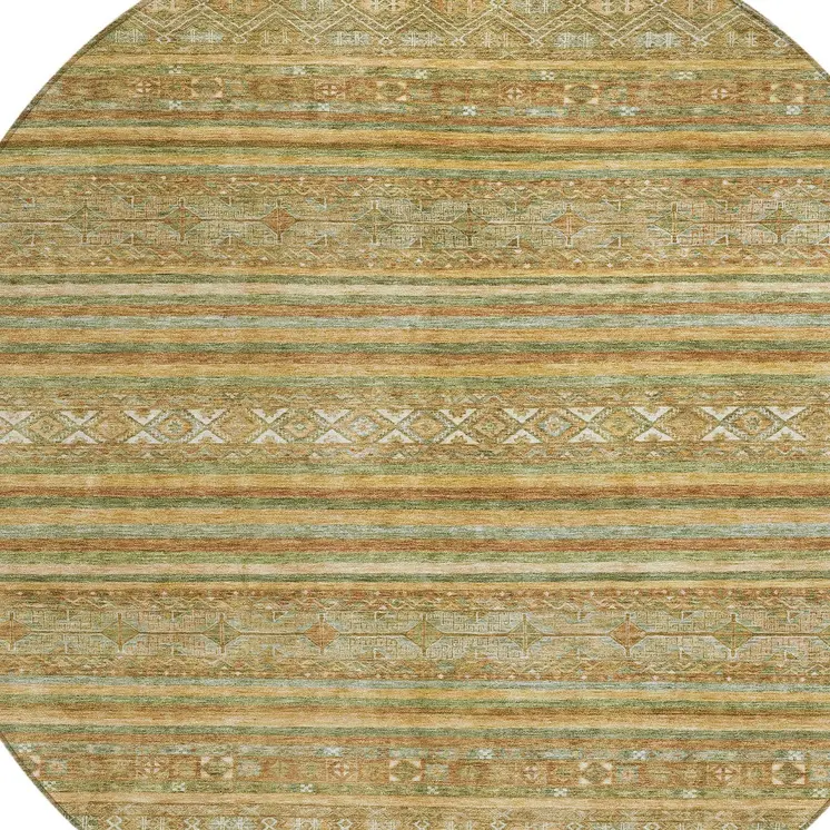 8' Artichoke Green Gold And Beige Round Southwestern Washable Indoor Outdoor Area Rug