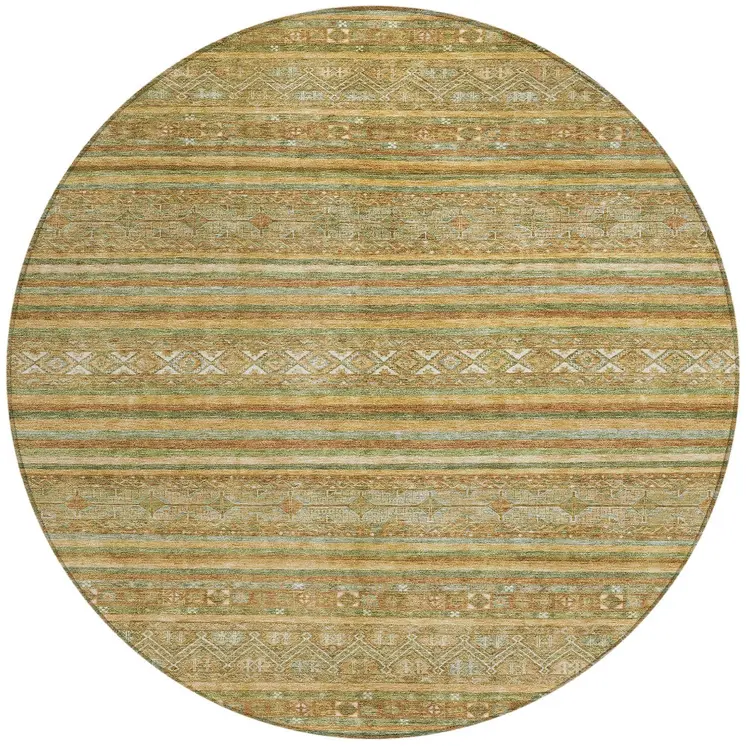 8' Artichoke Green Gold And Beige Round Southwestern Washable Indoor Outdoor Area Rug