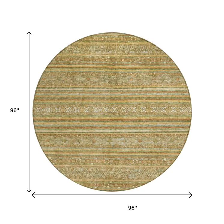 8' Artichoke Green Gold And Beige Round Southwestern Washable Indoor Outdoor Area Rug