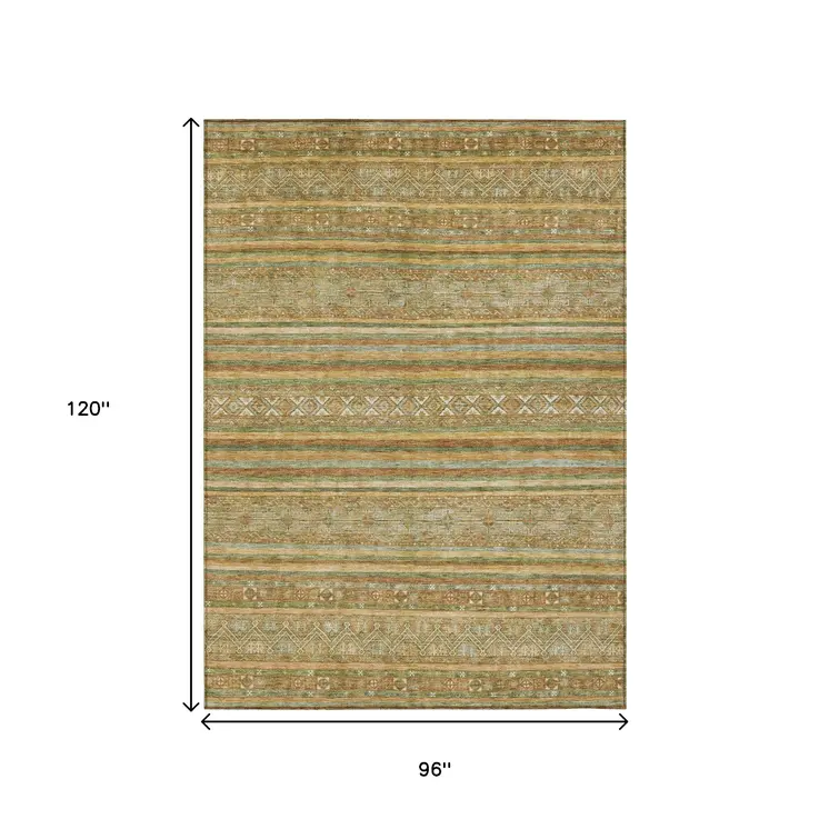 8' X 10' Artichoke Green Gold And Beige Southwestern Washable Indoor Outdoor Area Rug
