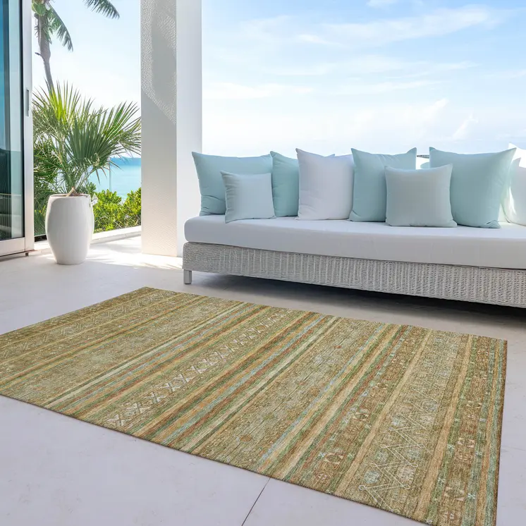 10' X 14' Artichoke Green Gold And Beige Southwestern Washable Indoor Outdoor Area Rug