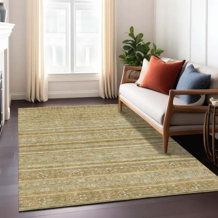 10' X 14' Artichoke Green Gold And Beige Southwestern Washable Indoor Outdoor Area Rug