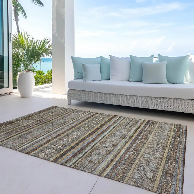 5' X 8' Brown Denim Blue And Beige Southwestern Washable Indoor Outdoor Area Rug
