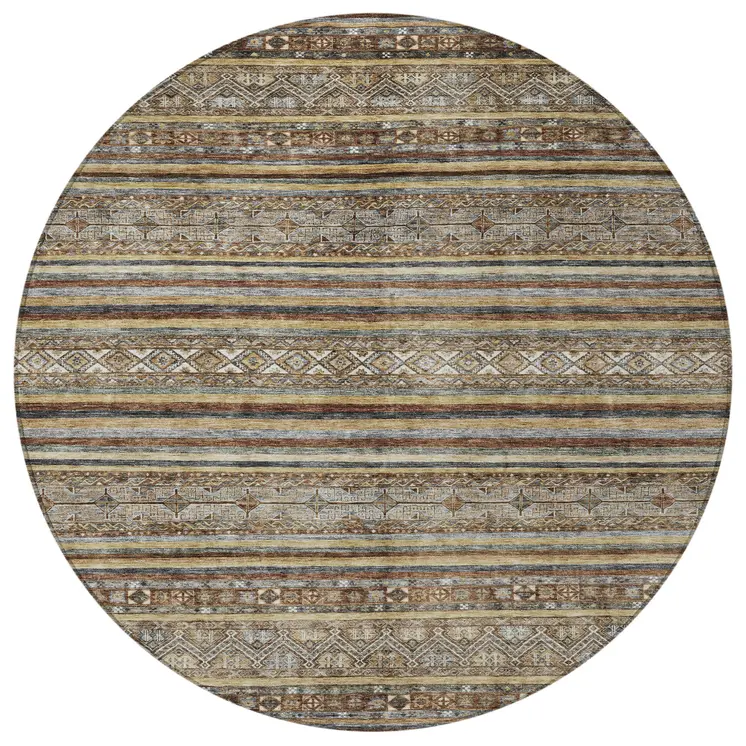 8' Brown Denim Blue And Beige Round Southwestern Washable Indoor Outdoor Area Rug