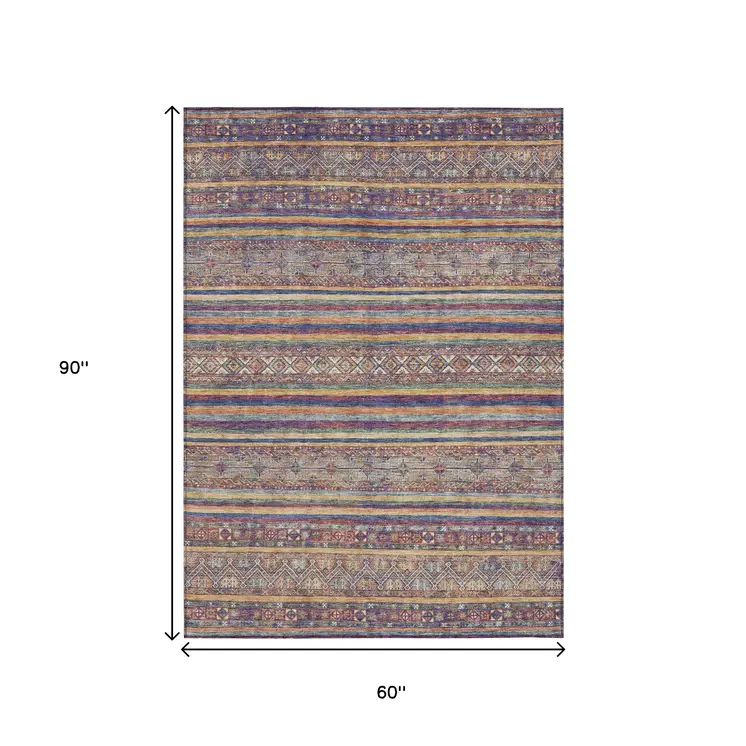 5' X 8' Blue Copper And Beige Southwestern Washable Indoor Outdoor Area Rug