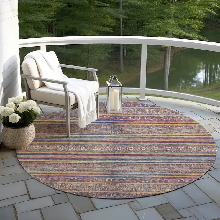 8' Blue Copper And Beige Round Southwestern Washable Indoor Outdoor Area Rug