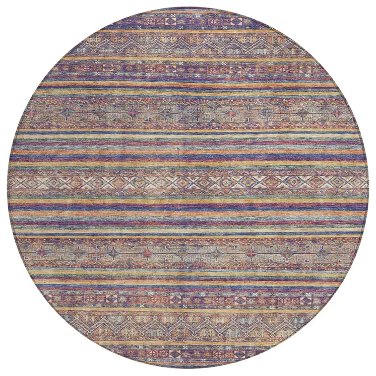 8' Blue Copper And Beige Round Southwestern Washable Indoor Outdoor Area Rug