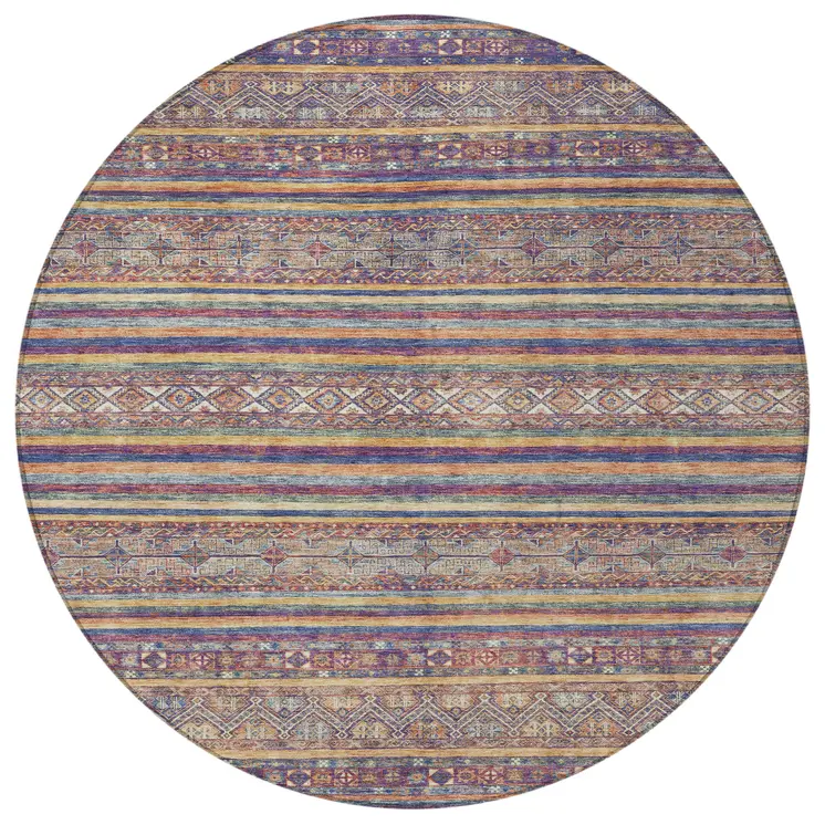 8' Blue Copper And Beige Round Southwestern Washable Indoor Outdoor Area Rug