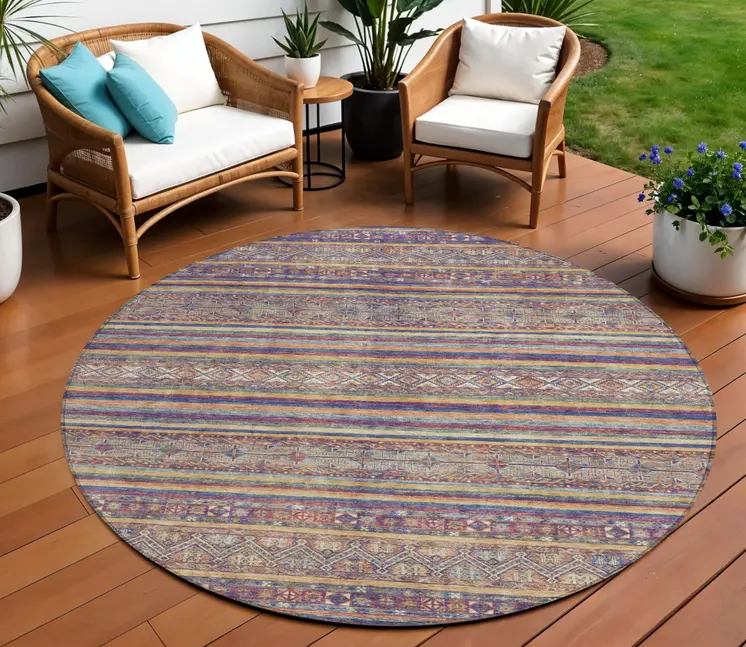 8' Blue Copper And Beige Round Southwestern Washable Indoor Outdoor Area Rug