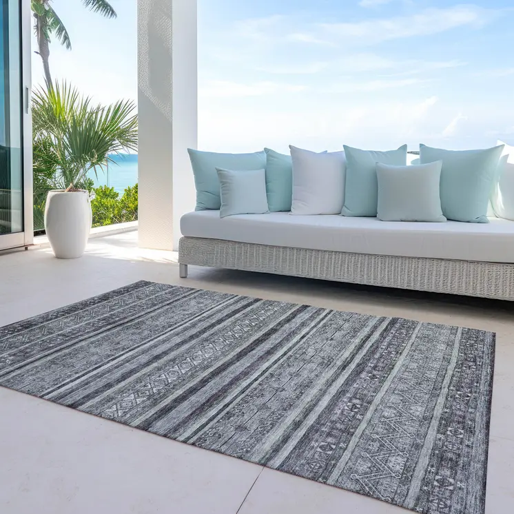 5' X 8' Gray Silver And Charcoal Southwestern Washable Indoor Outdoor Area Rug