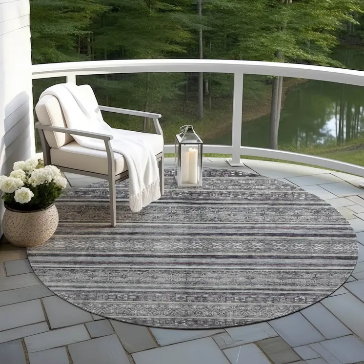8' Gray Silver And Charcoal Round Southwestern Washable Indoor Outdoor Area Rug