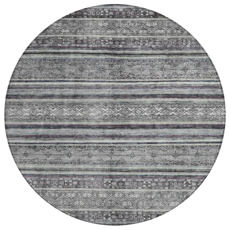 8' Gray Silver And Charcoal Round Southwestern Washable Indoor Outdoor Area Rug