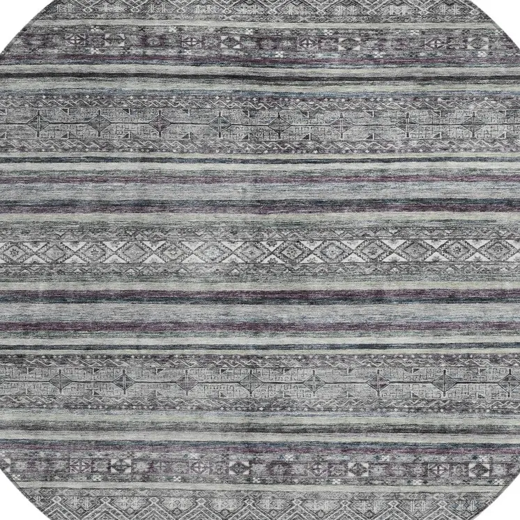8' Gray Silver And Charcoal Round Southwestern Washable Indoor Outdoor Area Rug