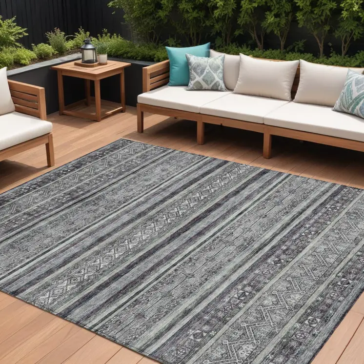 8' X 10' Gray Silver And Charcoal Southwestern Washable Indoor Outdoor Area Rug
