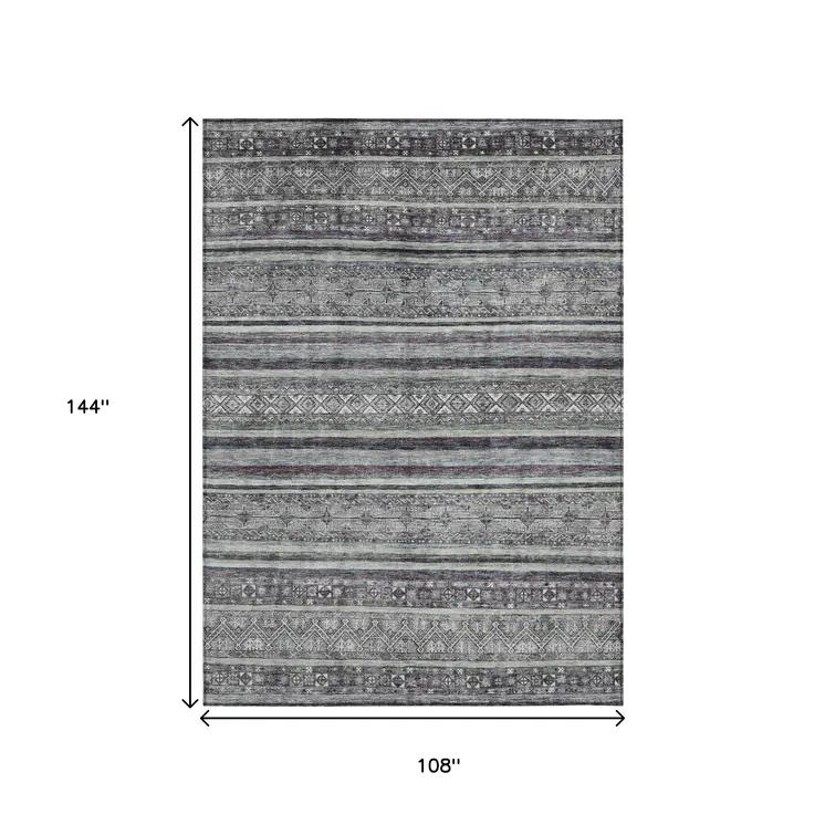 9' X 12' Gray Silver And Charcoal Southwestern Washable Indoor Outdoor Area Rug