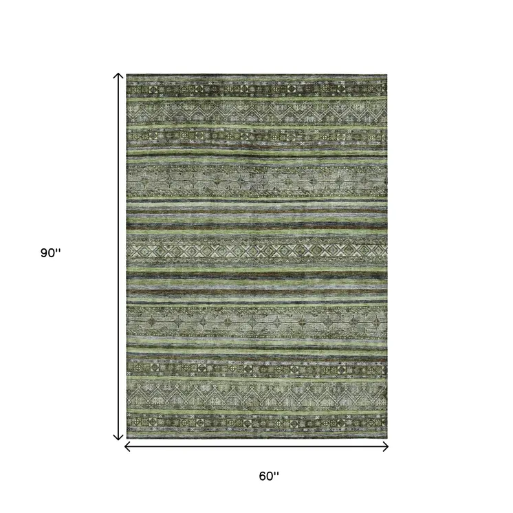 5' X 8' Olive Green Gray And Fern Green Southwestern Washable Indoor Outdoor Area Rug