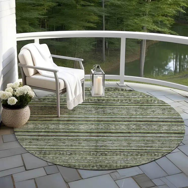 8' Olive Green Gray And Fern Green Round Southwestern Washable Indoor Outdoor Area Rug