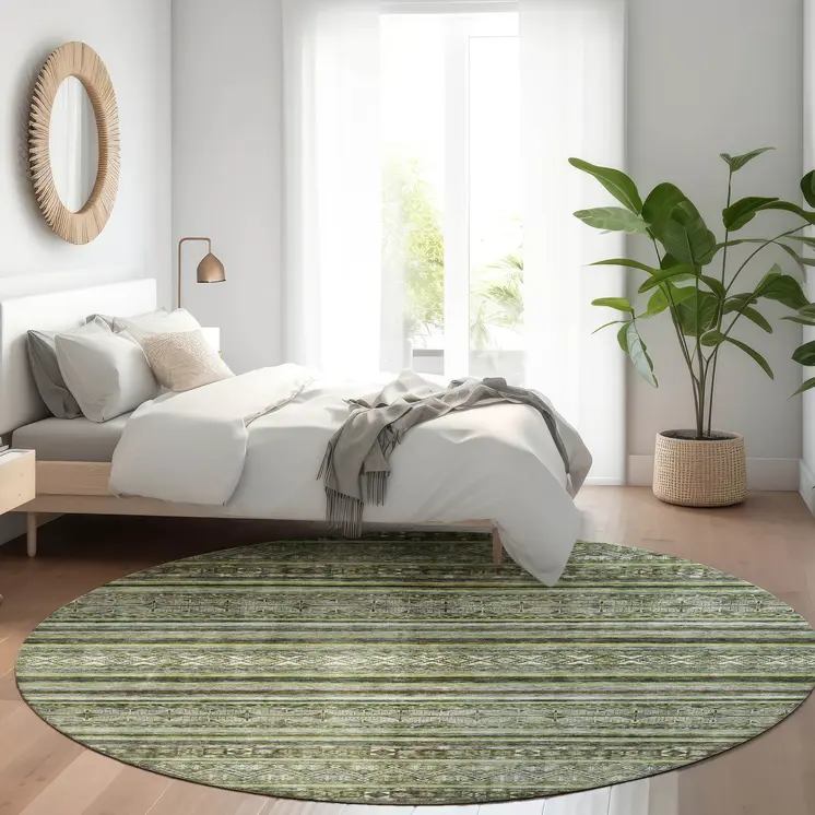 8' Olive Green Gray And Fern Green Round Southwestern Washable Indoor Outdoor Area Rug