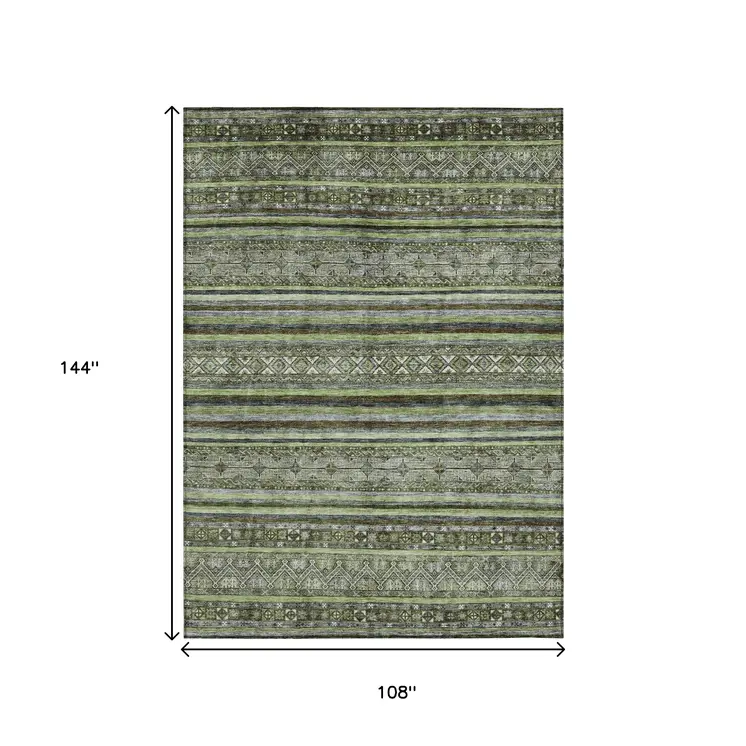 9' X 12' Olive Green Gray And Fern Green Southwestern Washable Indoor Outdoor Area Rug