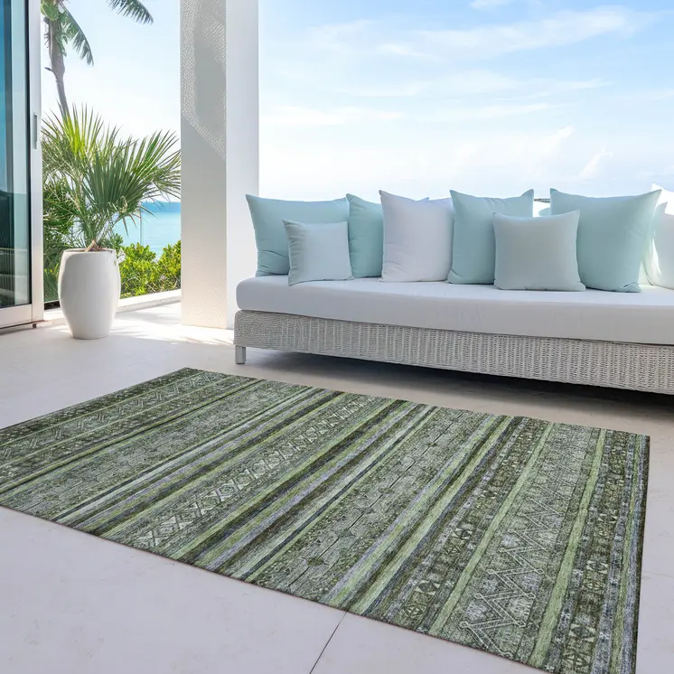 9' X 12' Olive Green Gray And Fern Green Southwestern Washable Indoor Outdoor Area Rug