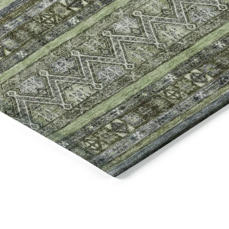 9' X 12' Olive Green Gray And Fern Green Southwestern Washable Indoor Outdoor Area Rug