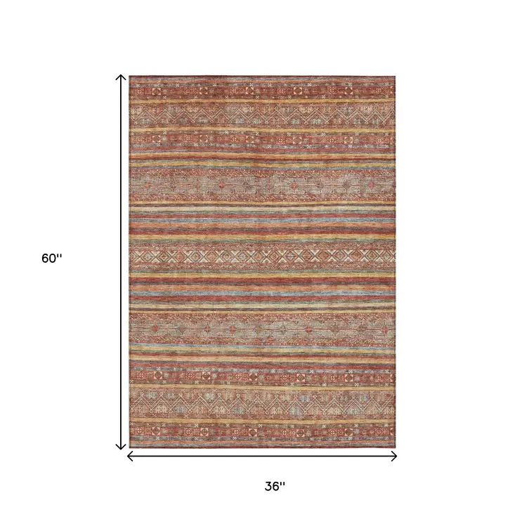3' X 5' Rust Gold And Silver Southwestern Washable Indoor Outdoor Area Rug
