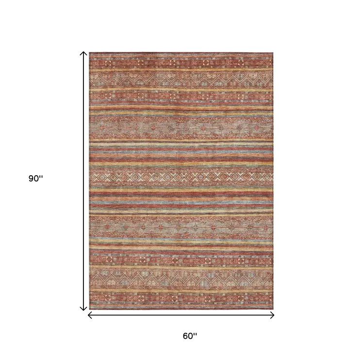 5' X 8' Rust Gold And Silver Southwestern Washable Indoor Outdoor Area Rug
