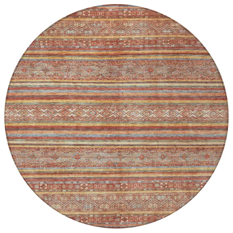 8' Rust Gold And Silver Round Southwestern Washable Indoor Outdoor Area Rug