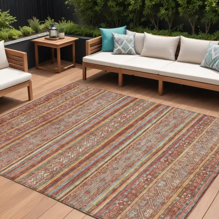 10' X 14' Rust Gold And Silver Southwestern Washable Indoor Outdoor Area Rug