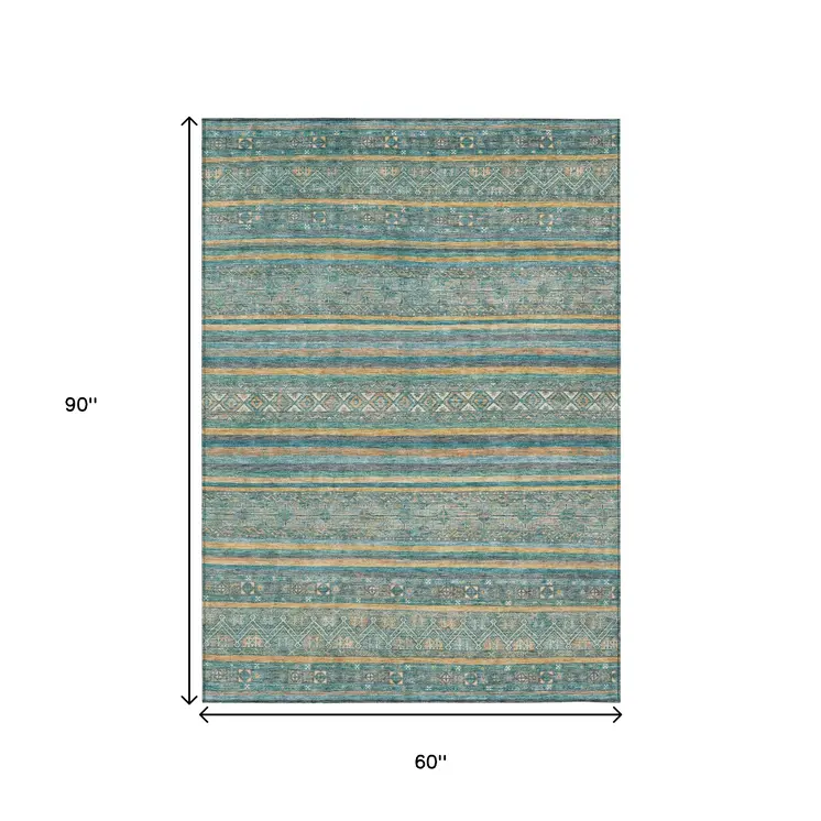 5' X 8' Teal Blue Gold And Taupe Southwestern Washable Indoor Outdoor Area Rug