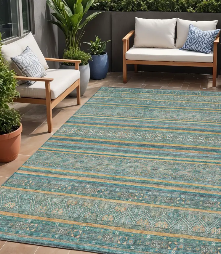 5' X 8' Teal Blue Gold And Taupe Southwestern Washable Indoor Outdoor Area Rug