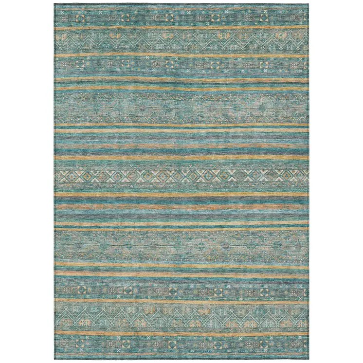 5' X 8' Teal Blue Gold And Taupe Southwestern Washable Indoor Outdoor Area Rug