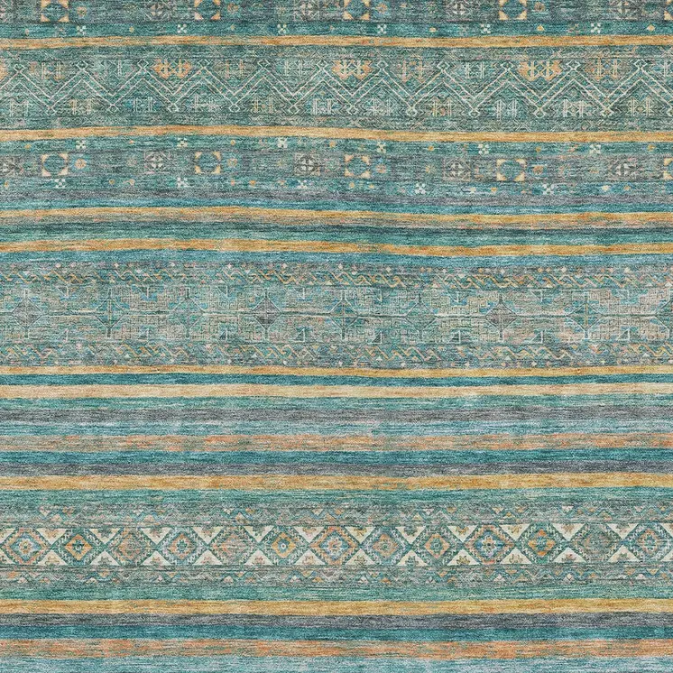5' X 8' Teal Blue Gold And Taupe Southwestern Washable Indoor Outdoor Area Rug