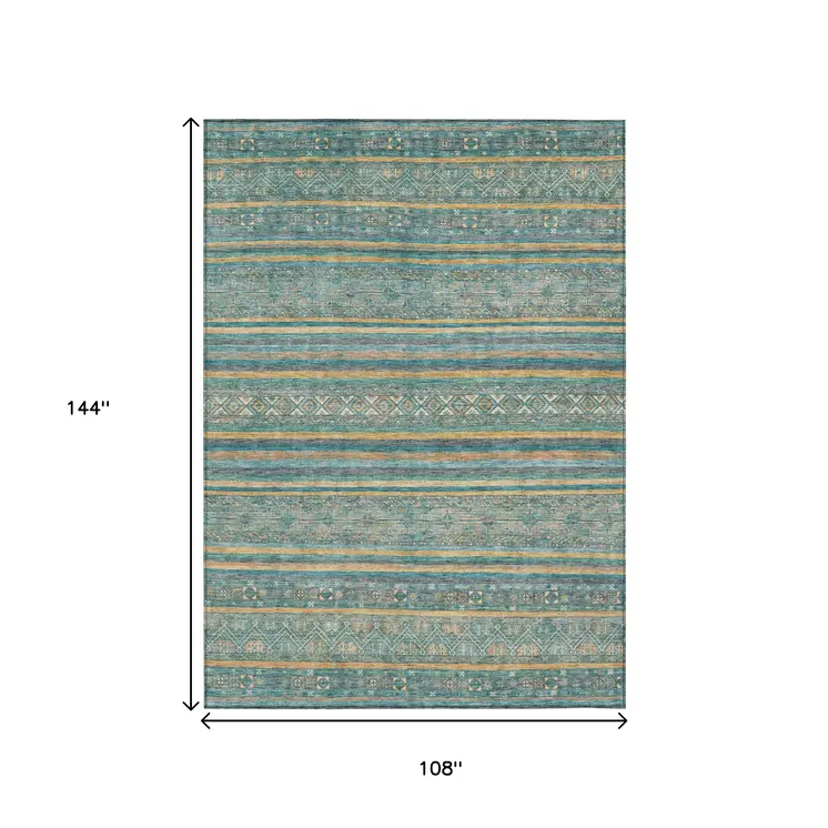 9' X 12' Teal Blue Gold And Taupe Southwestern Washable Indoor Outdoor Area Rug