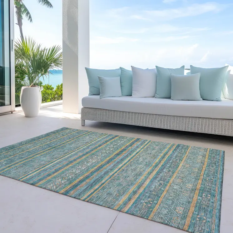 9' X 12' Teal Blue Gold And Taupe Southwestern Washable Indoor Outdoor Area Rug