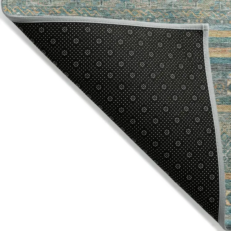9' X 12' Teal Blue Gold And Taupe Southwestern Washable Indoor Outdoor Area Rug