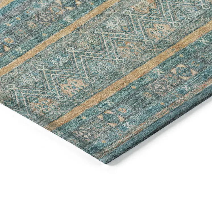 9' X 12' Teal Blue Gold And Taupe Southwestern Washable Indoor Outdoor Area Rug