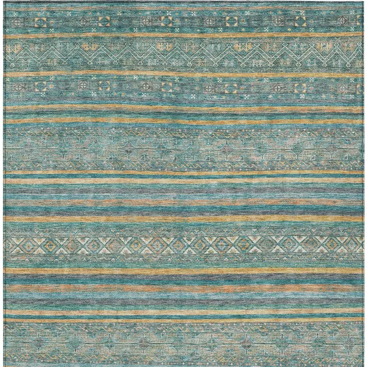 9' X 12' Teal Blue Gold And Taupe Southwestern Washable Indoor Outdoor Area Rug