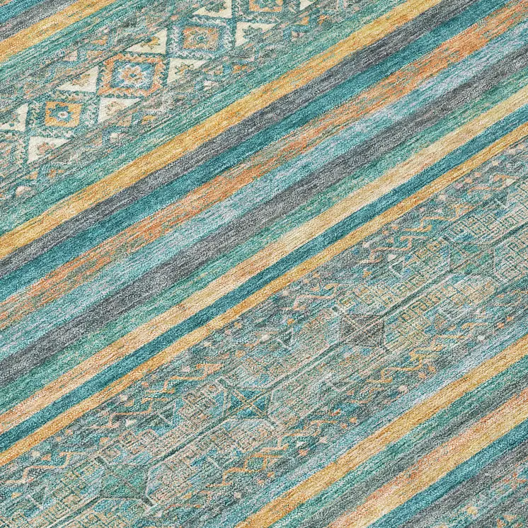9' X 12' Teal Blue Gold And Taupe Southwestern Washable Indoor Outdoor Area Rug