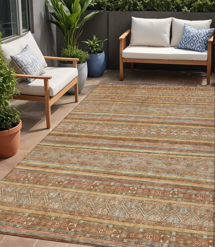 5' X 8' Terra Cotta Copper And Gray Southwestern Washable Indoor Outdoor Area Rug