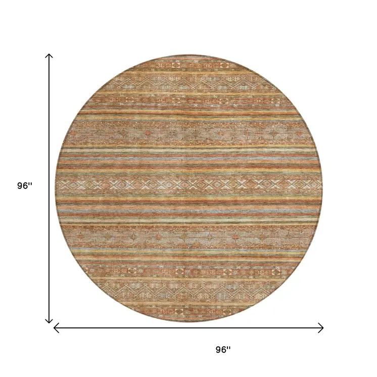 8' Terra Cotta Copper And Gray Round Southwestern Washable Indoor Outdoor Area Rug